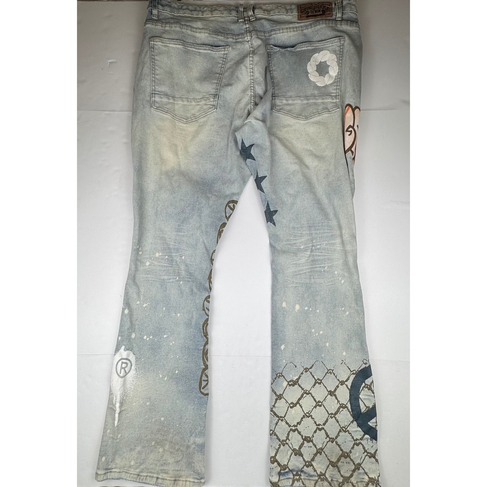 Grindhouse Denim Jeans 44 Light Wash Distressed Streetwear Graphic Star Peace - Picture 3 of 13